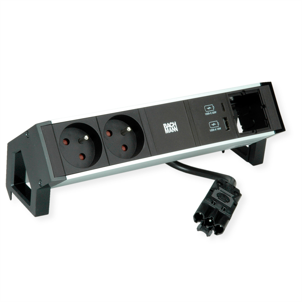 Multiprise noire et argentée avec prises, ports USB et câble noir.