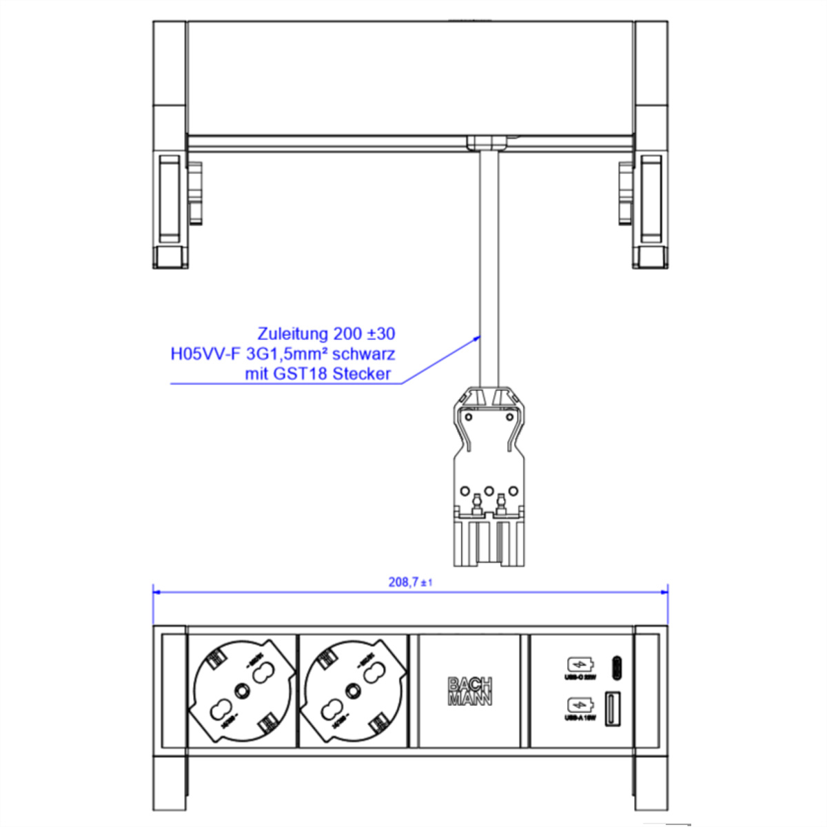 Technische tekening van een stekkerdoos, met afmetingen, elektrische componenten en tekstannotaties.