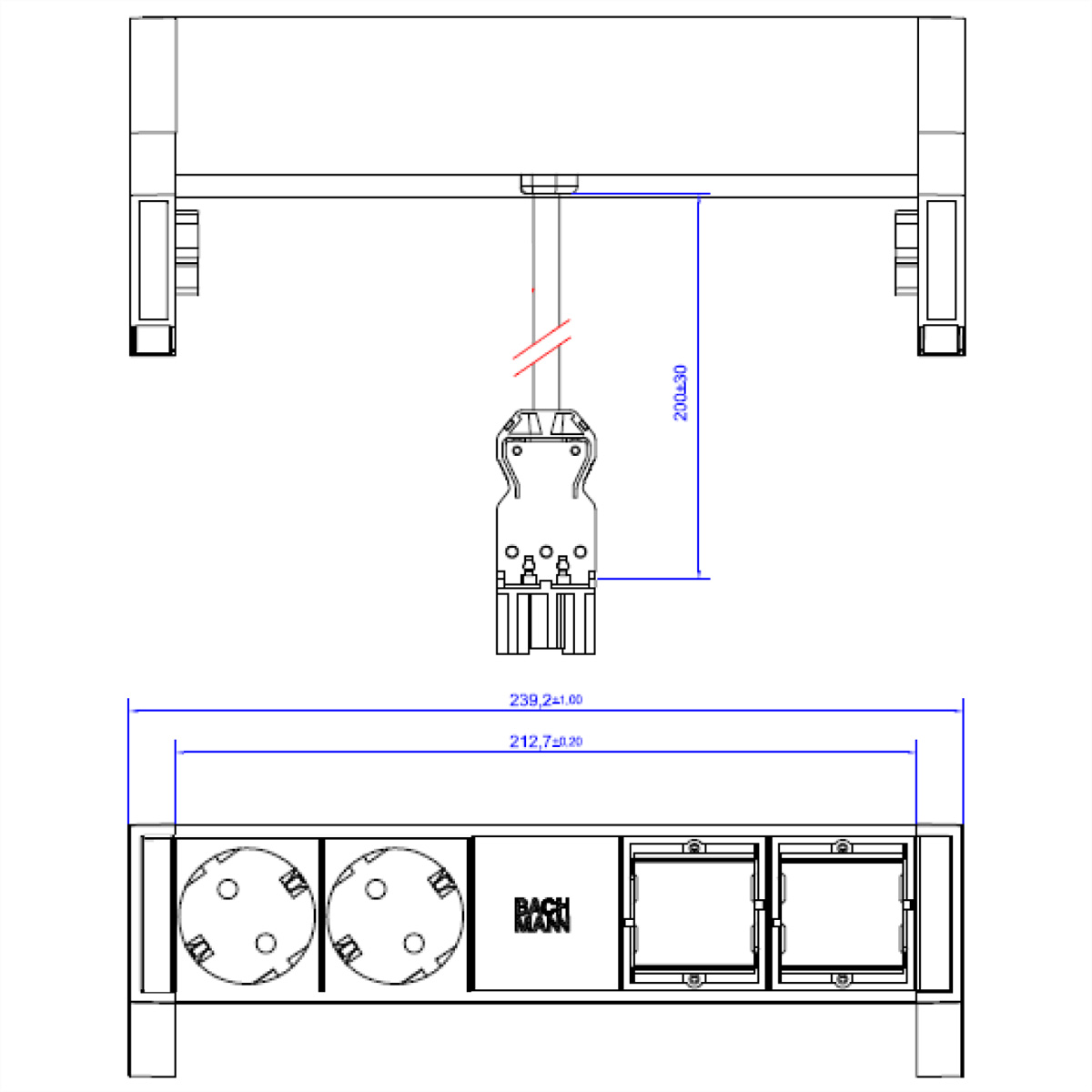 Technische tekening met een stopcontact, afmetingen en Bachmann branding.