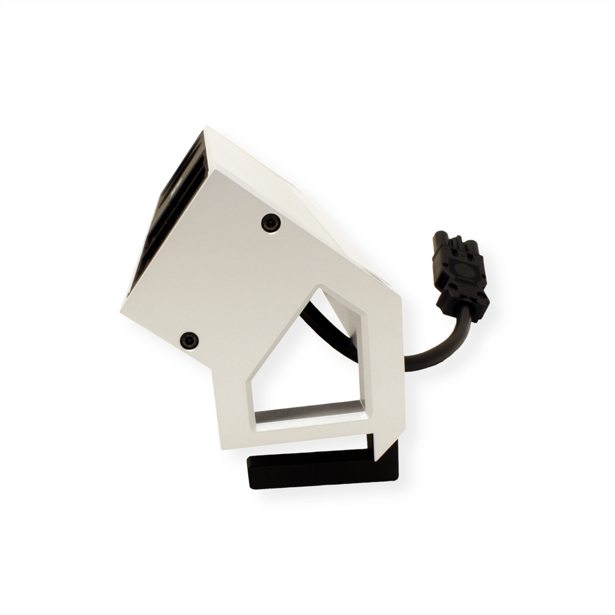 Witte en zwarte stroomaansluiting met een zwarte kabel. Witte achtergrond.