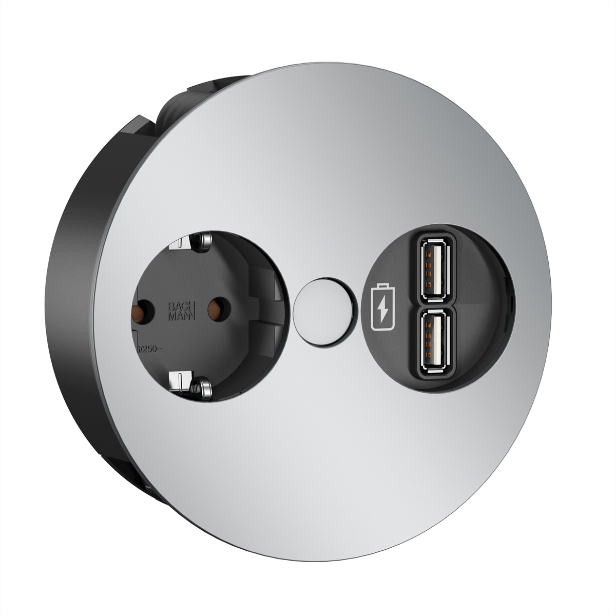Zilver stopcontact met twee stopcontacten, twee USB-poorten en Bachmann-branding.