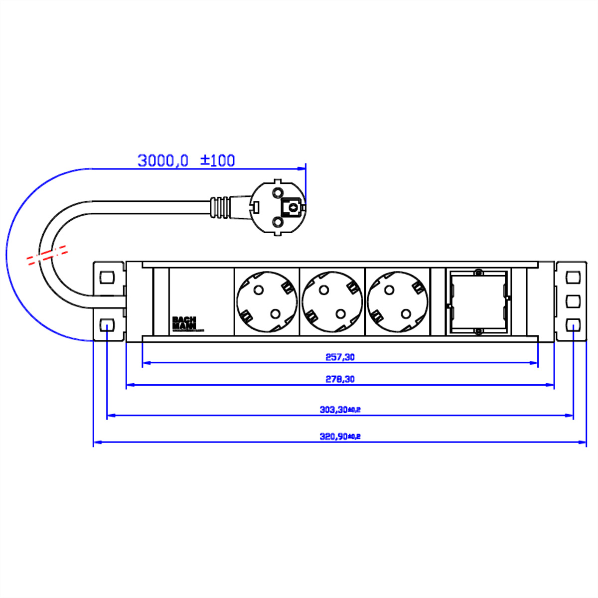 Disegno tecnico di una presa multipla con prese e dimensioni, linee blu.