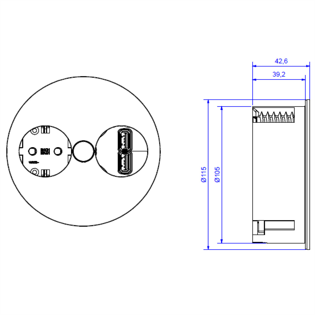 Technische tekening van een rond stopcontact met USB. Afmetingen inbegrepen.