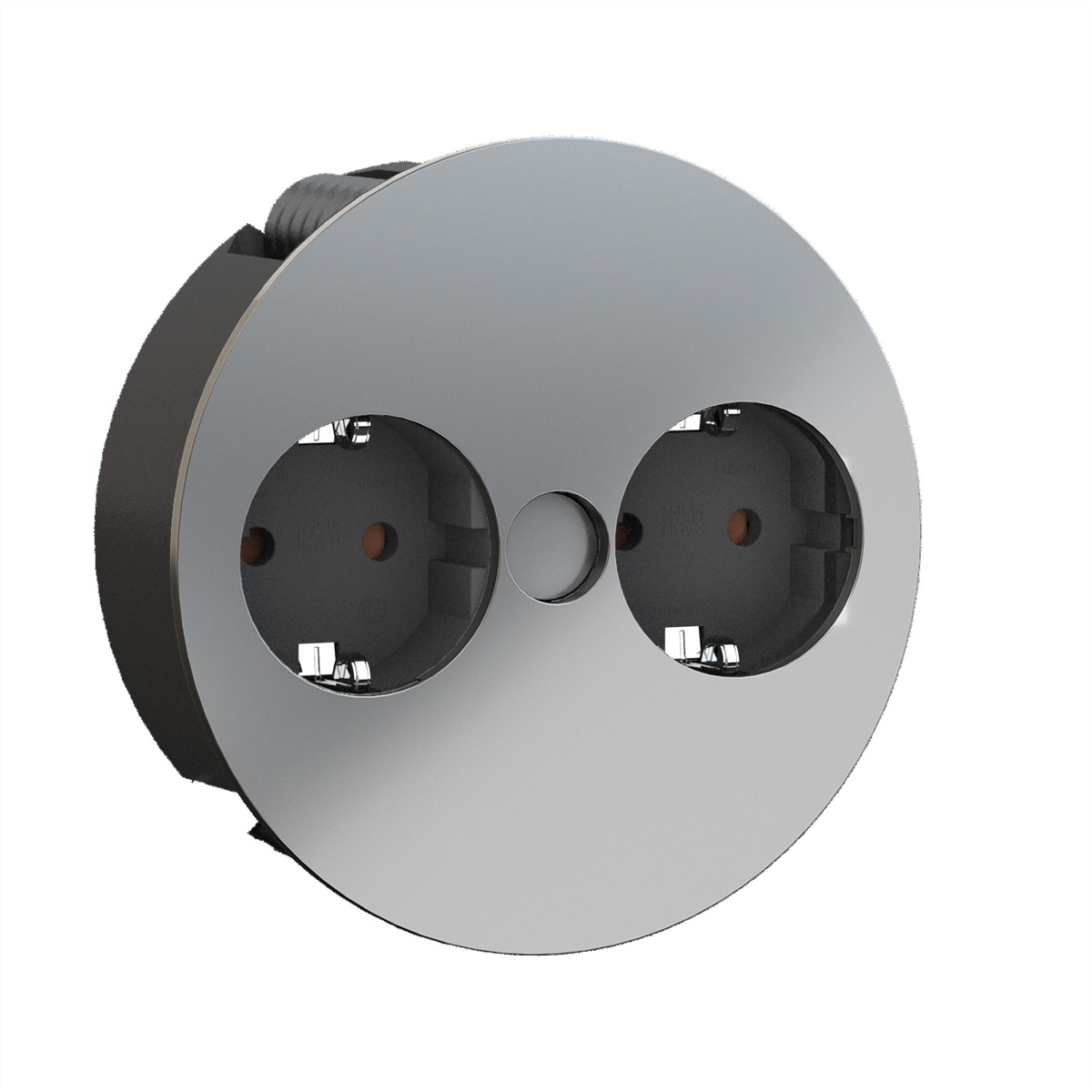 Srebrne, okrągłe gniazdo z dwoma gniazdami na białym tle.