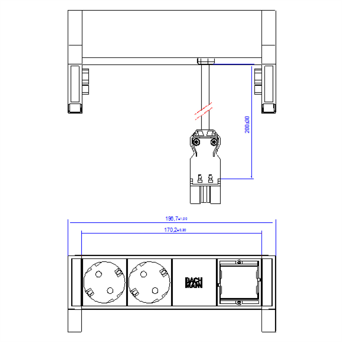 Technische tekening van een stopcontact met twee stopcontacten en afmetingen in mm. Bachmann.