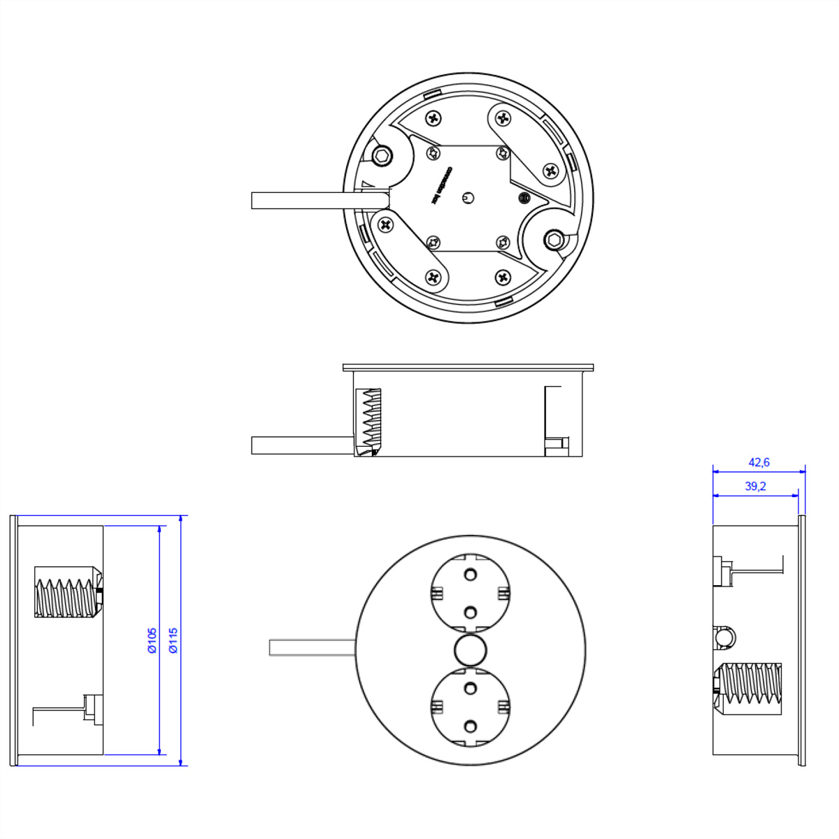 Rysunek techniczny okrągłego elementu elektrycznego z różnymi widokami i pomiarami.