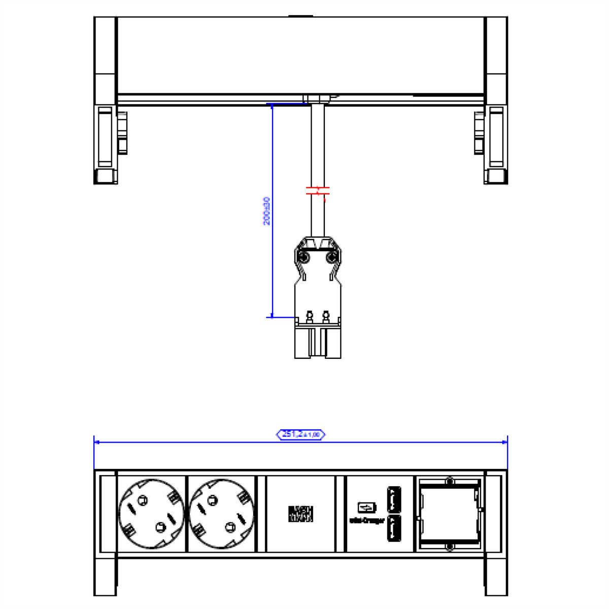 Widok z góry i z przodu na gniazdo elektryczne z wymiarami, z podłączoną wtyczką.