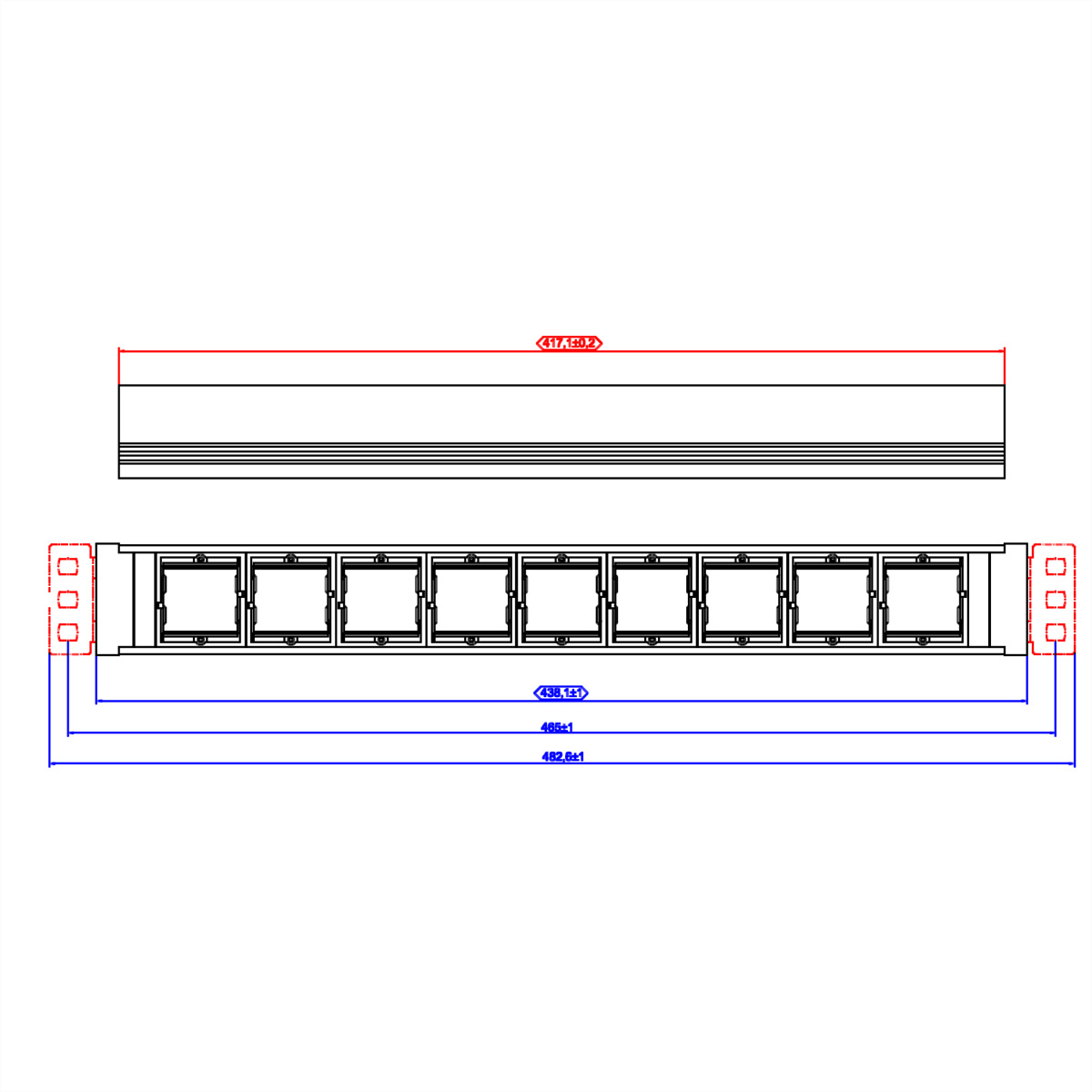 Rysunek techniczny listwy zasilającej z wymiarami w kolorze czerwonym i niebieskim na białym tle.
