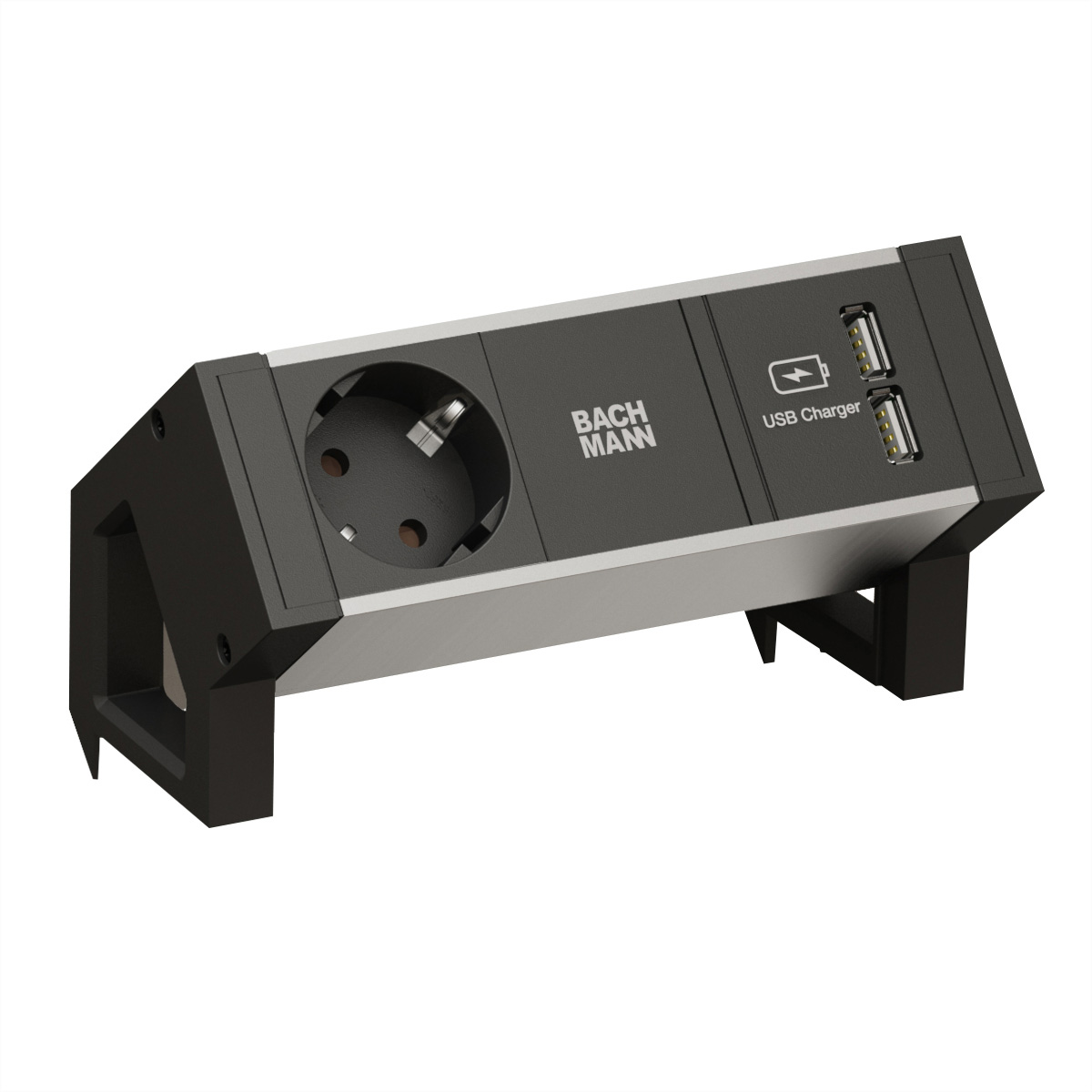 Czarny i srebrny gniazdo z gniazdem, ładowarką USB i logo Bachmann.