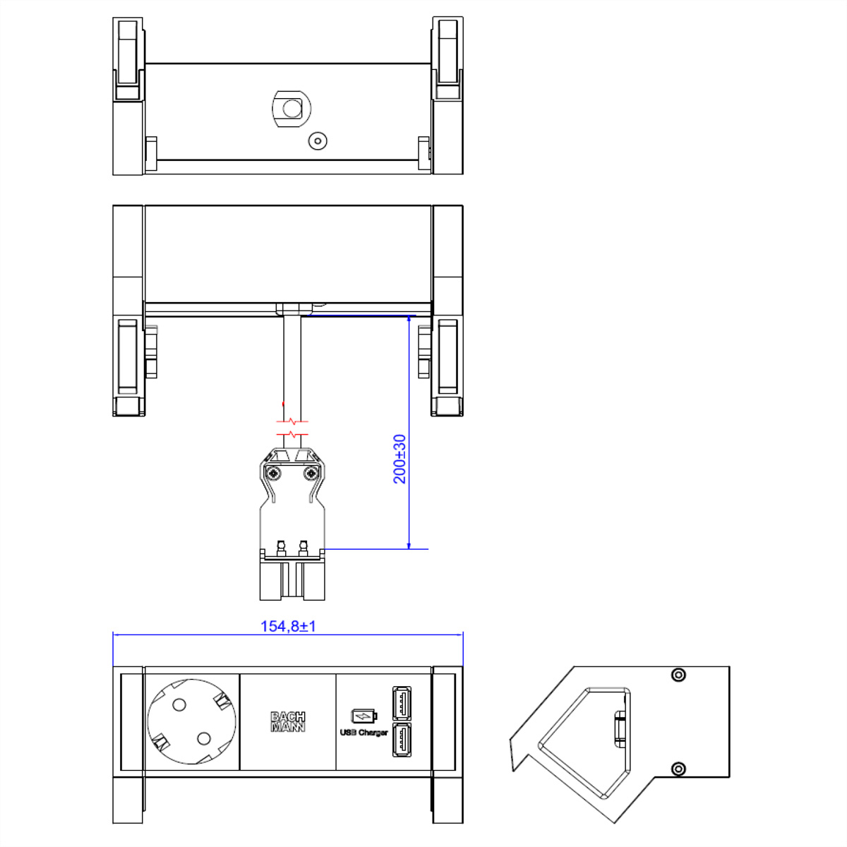 Rysunek techniczny listwy zasilającej z wymiarami i ładowarką USB, na białym tle.