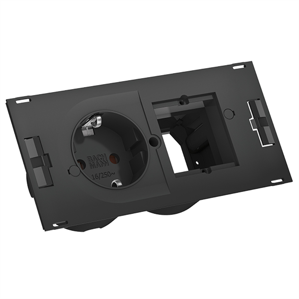 Zwart stopcontact met een open sleuf. Witte achtergrond.