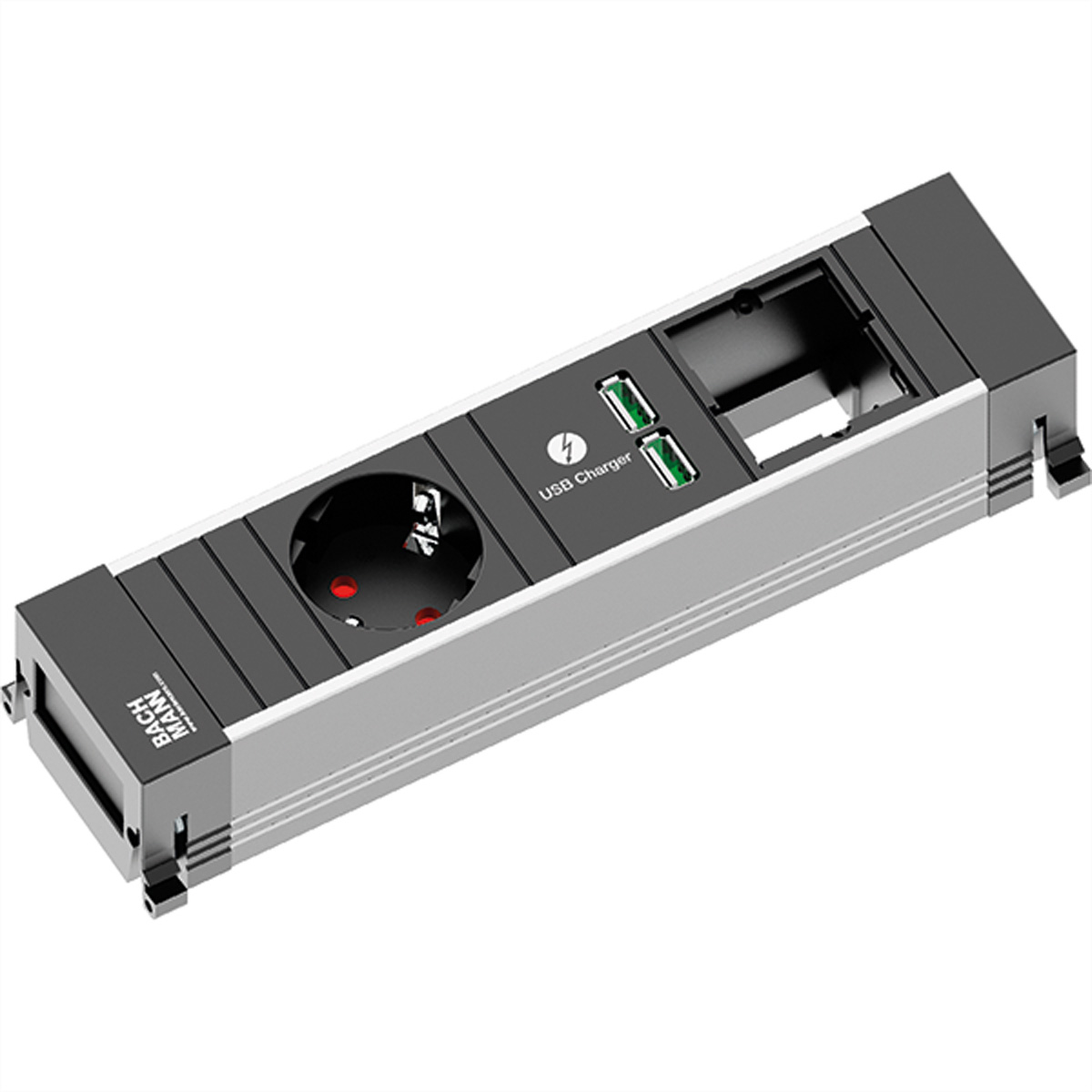Zilveren en zwarte stekkerdoos met één stopcontact, USB-lader en twee USB-poorten, merk Bachmann.