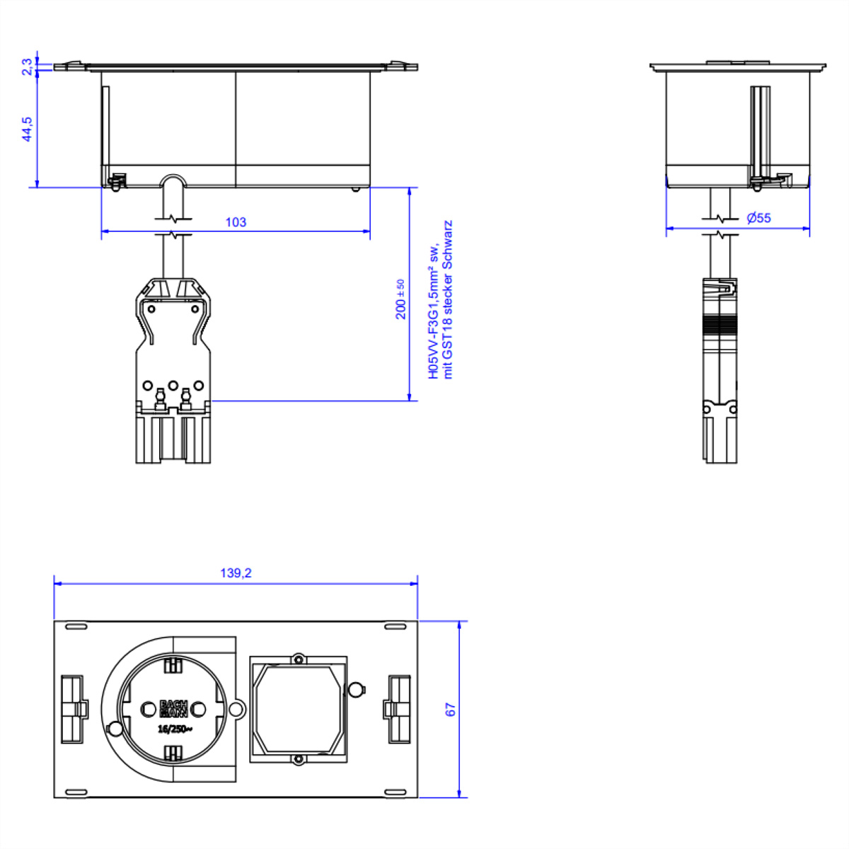 Technische tekening van een stopcontact met afmetingen en tekstlabels, met een witte achtergrond.