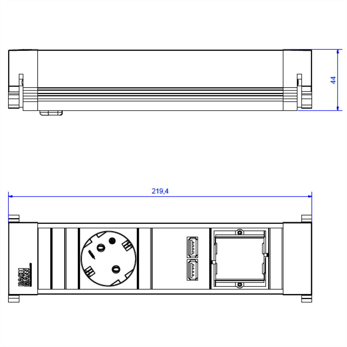 Diagram van een stekkerdoos met één stopcontact, twee USB-poorten en het Bachmann-logo.