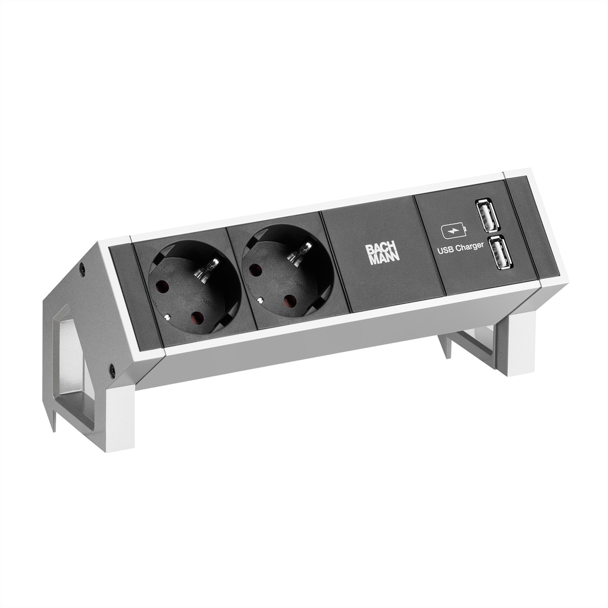 Presa argento e nera con due prese, caricatore USB e logo Bachmann.