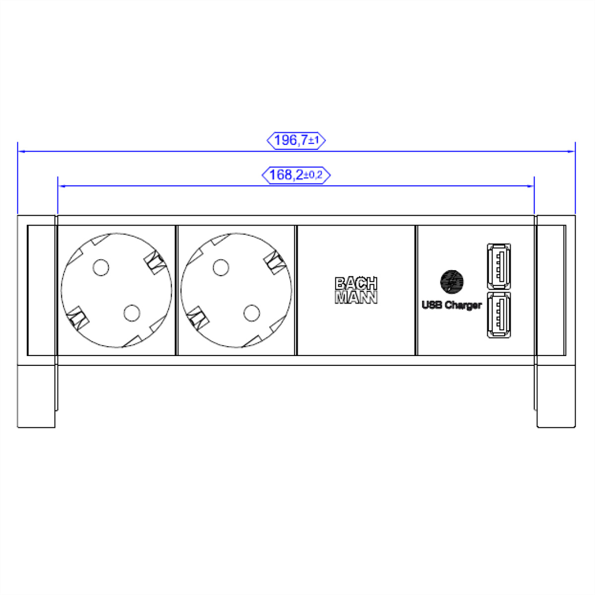 Vista dall'alto del disegno tecnico di una presa di corrente. Mostra dimensioni, prese e porte USB.