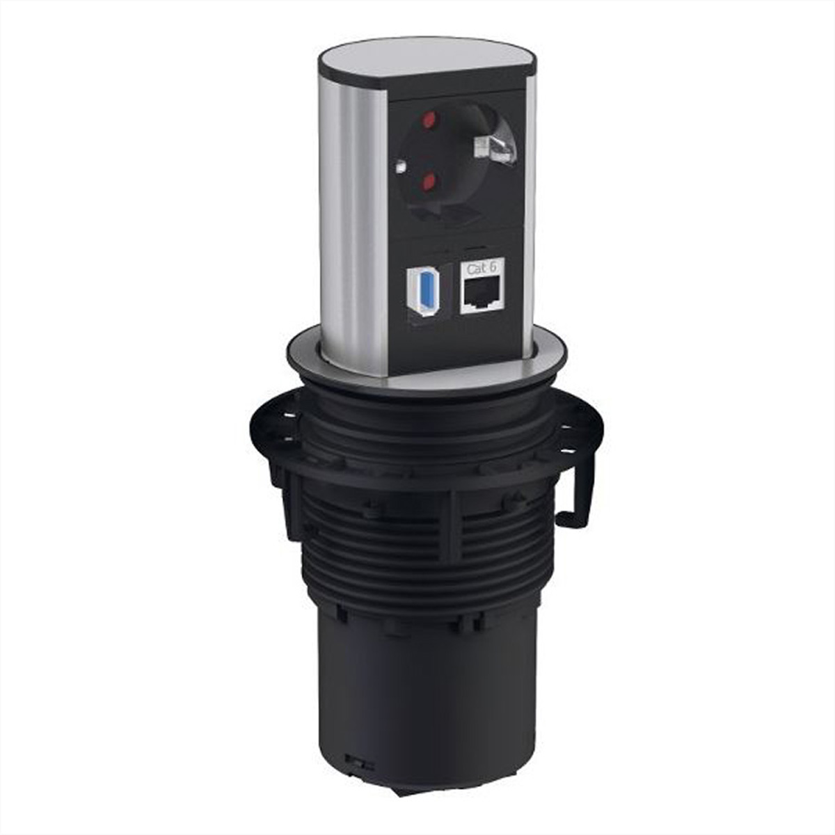 Pop-up stopcontact met stopcontact, USB en netwerkpoort; zilver en zwart.