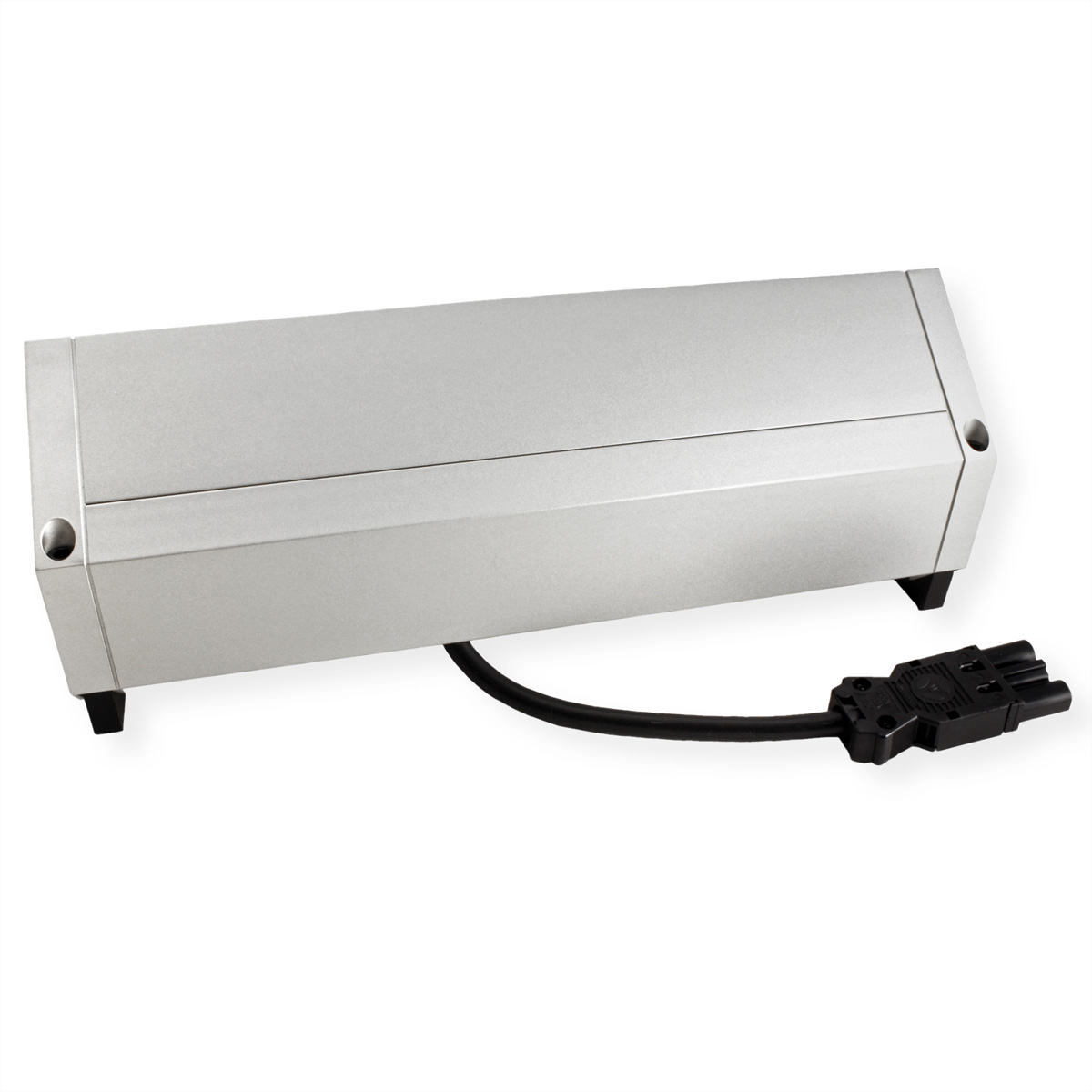 Zilveren stekkerdoos met zwarte kabel en connector, op een witte achtergrond.