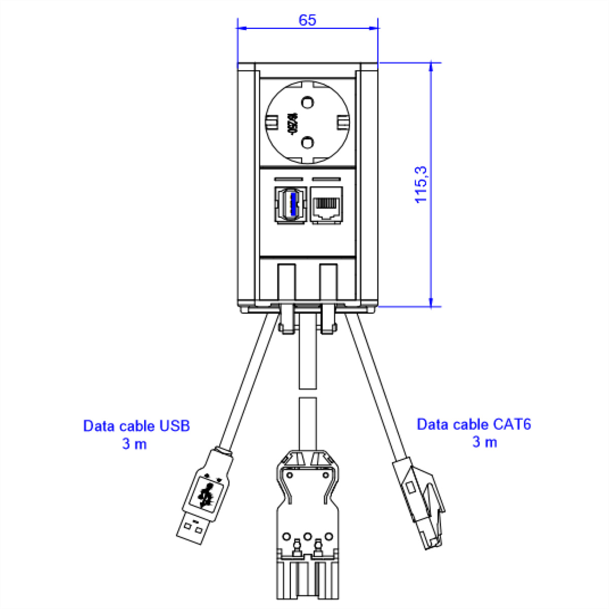 Een technische tekening van een stopcontact met USB- en CAT6-connectoren.