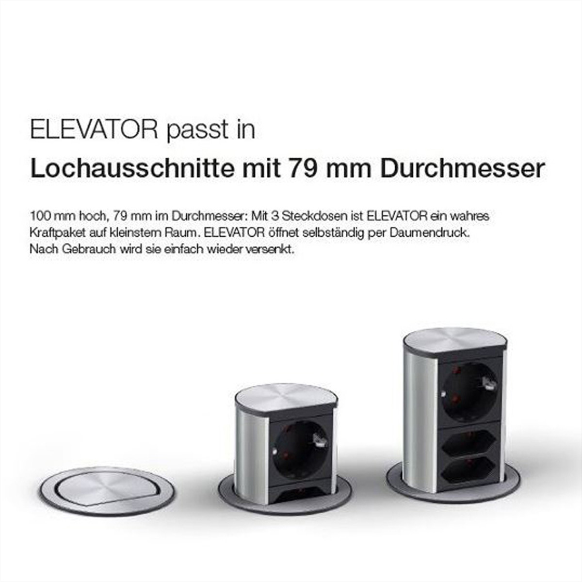 Diagram met tekst over ELEVATOR, passend in gaten van 79 mm, met drie vloerstopcontacten.
