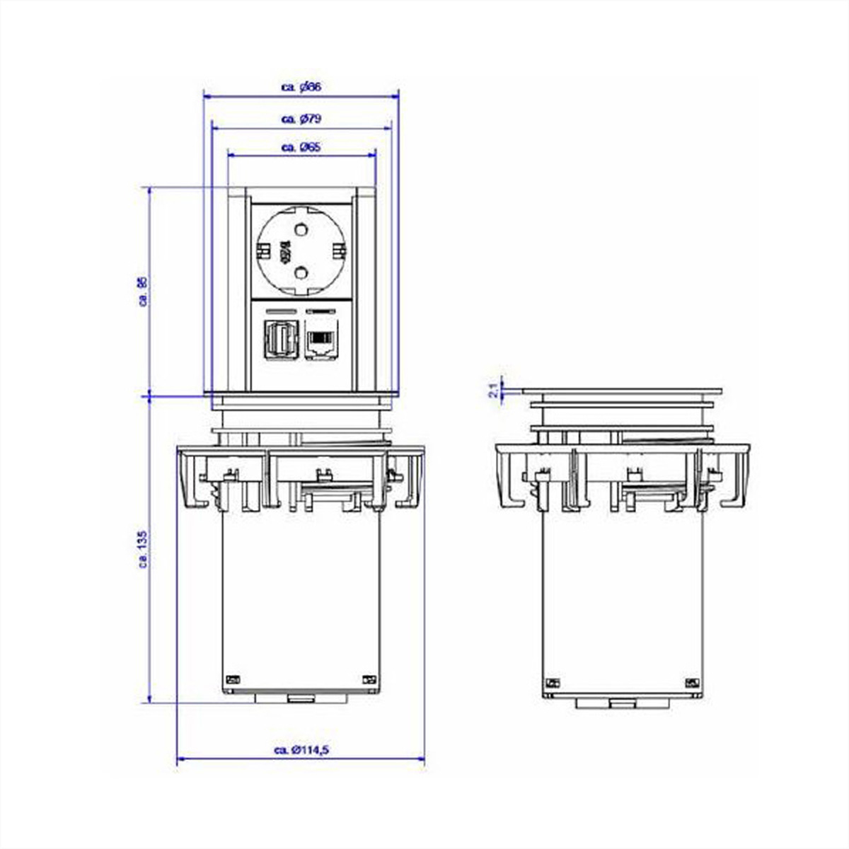 Technische tekening van een pop-up stopcontact. Toont afmetingen en interne componenten. Witte achtergrond.
