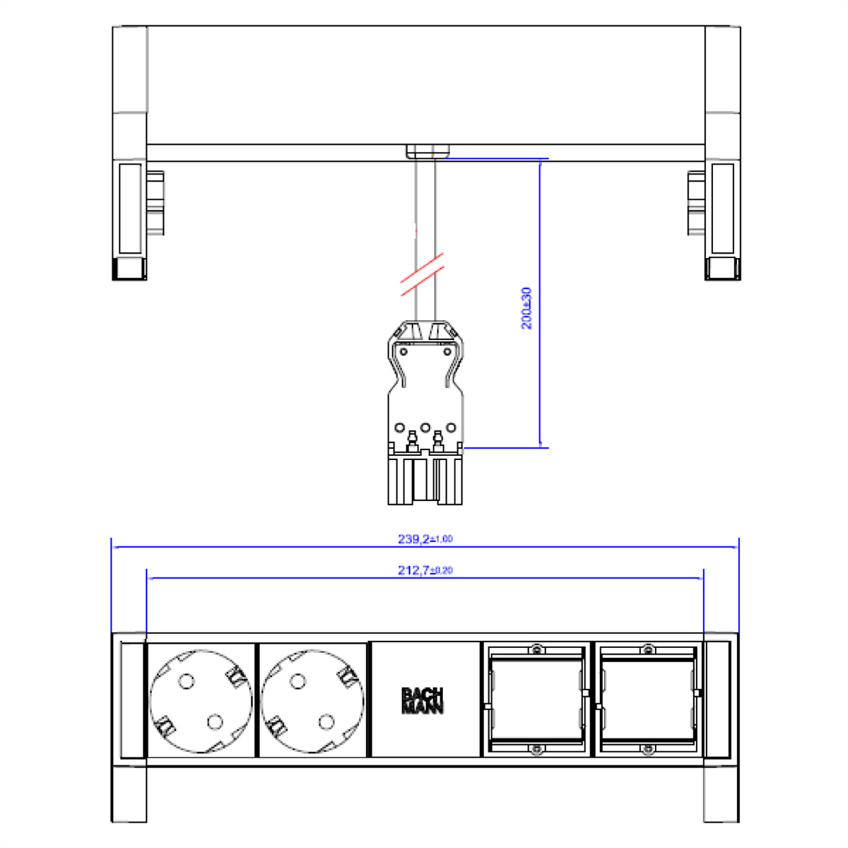 Rysunek techniczny listwy zasilającej z dwoma gniazdami i portami USB.