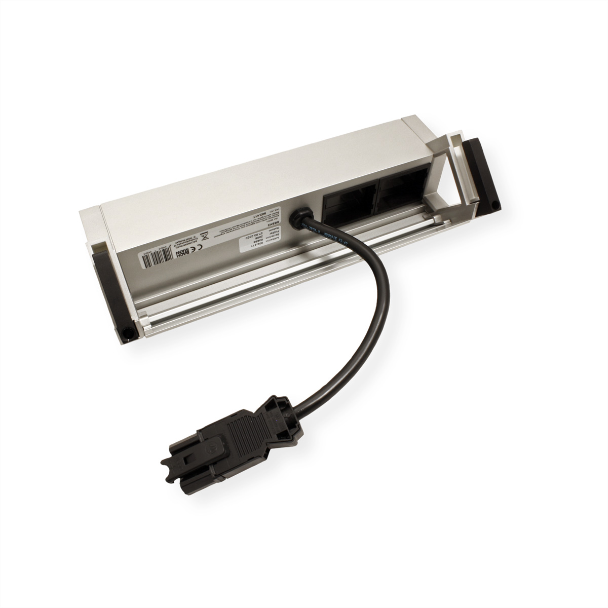 Srebrna listwa zasilająca z czarnym kablem i złączem. Widoczny tył.