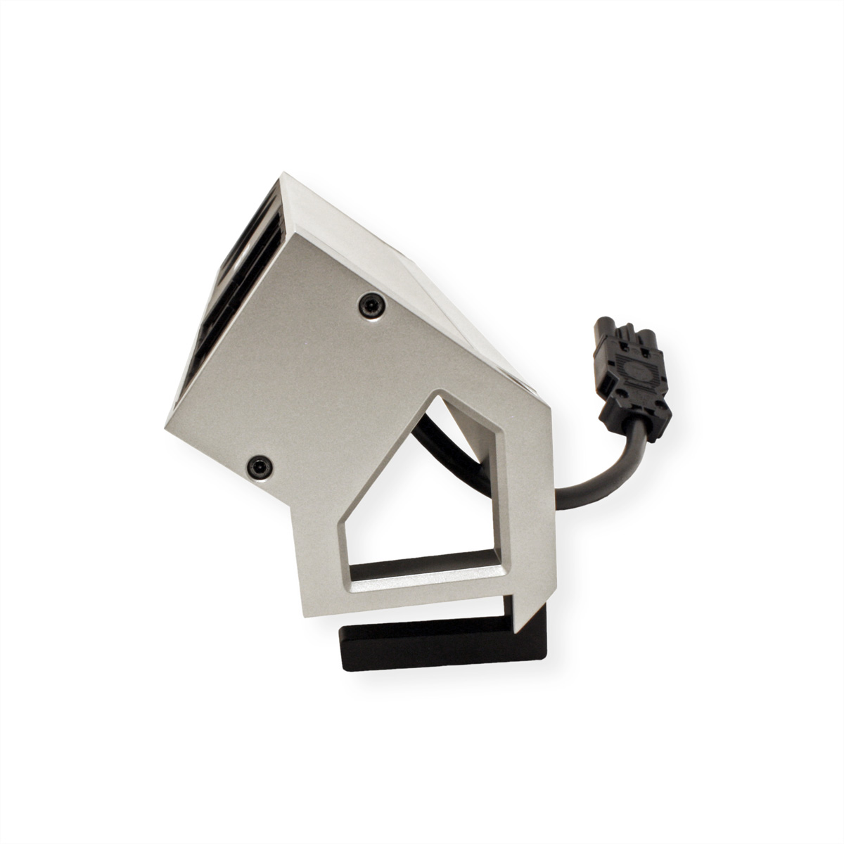 Srebrny i czarny kątowy element elektryczny z czarnym kablem.