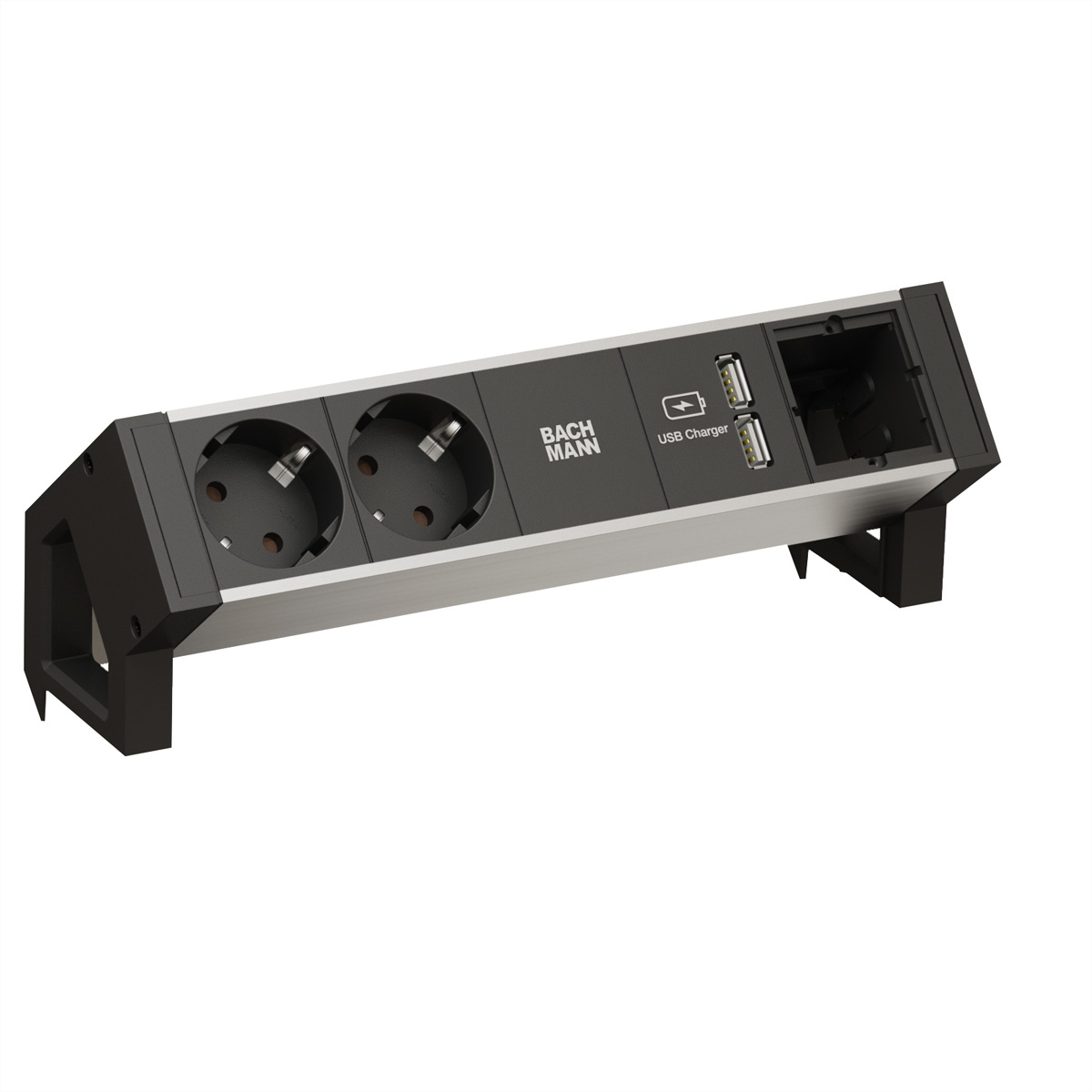 Czarne i srebrne gniazdo z dwoma gniazdami, ładowarką USB i logo Bachmann.