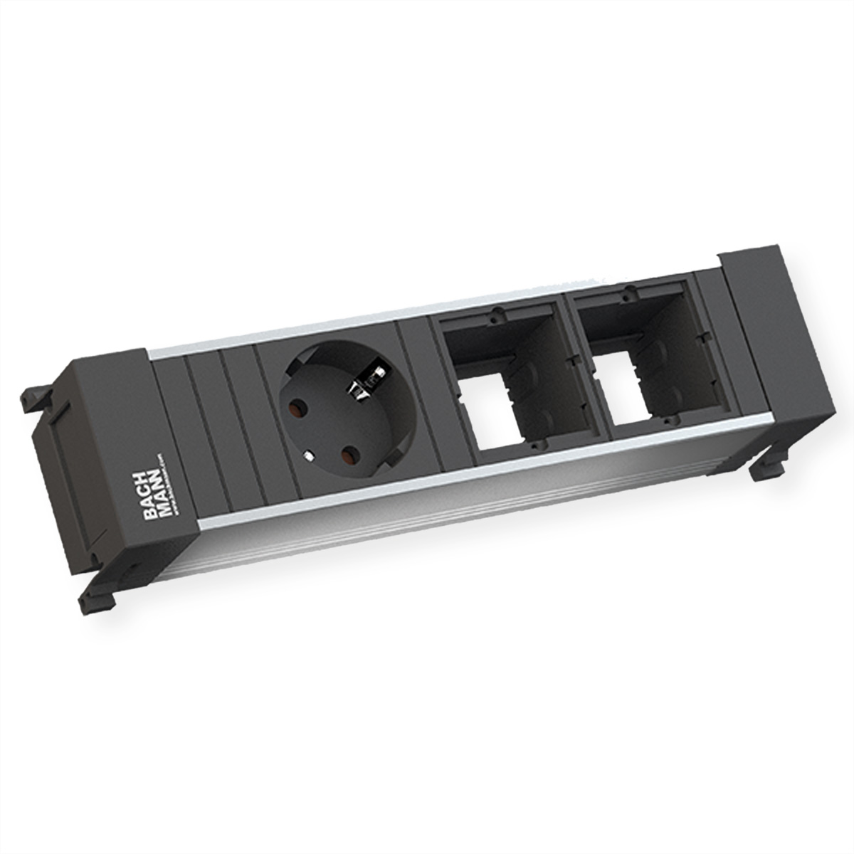 Czarna i srebrna listwa zasilająca z jednym gniazdem i dwoma pustymi slotami.