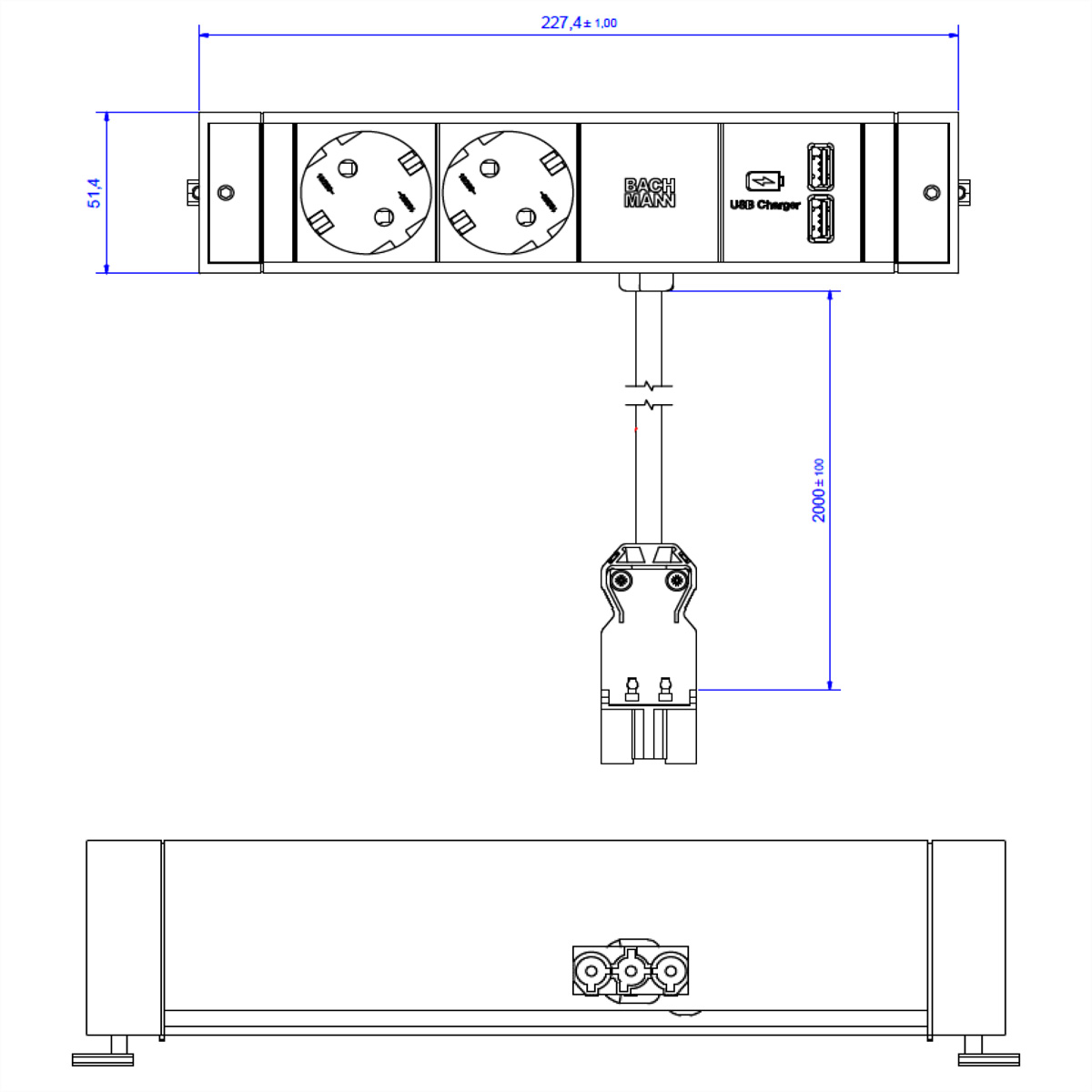 Disegno tecnico di una presa multipla con prese, caricatore USB e dimensioni. Linee blu indicano le misure.