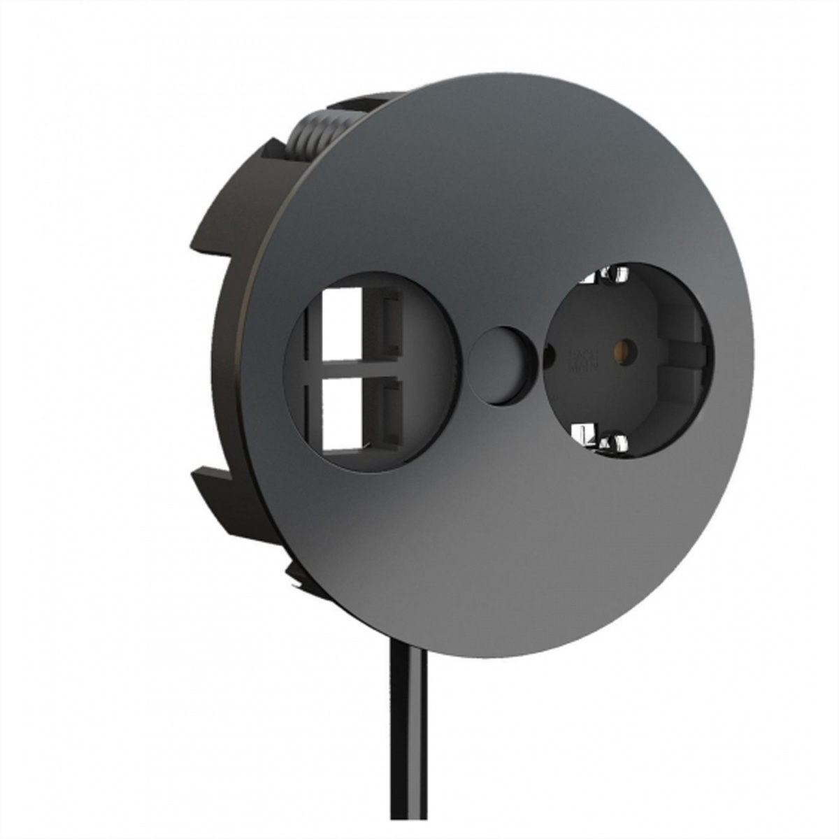 Czarny, okrągły gniazdo elektryczne z dwoma gniazdami, kablem i osłoną.