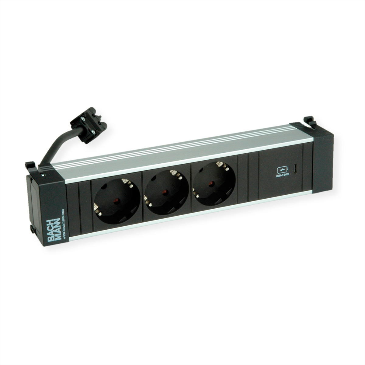 Zwarte en zilveren stekkerdoos met 3 stopcontacten en een USB-C-poort. Het staat op een witte achtergrond.