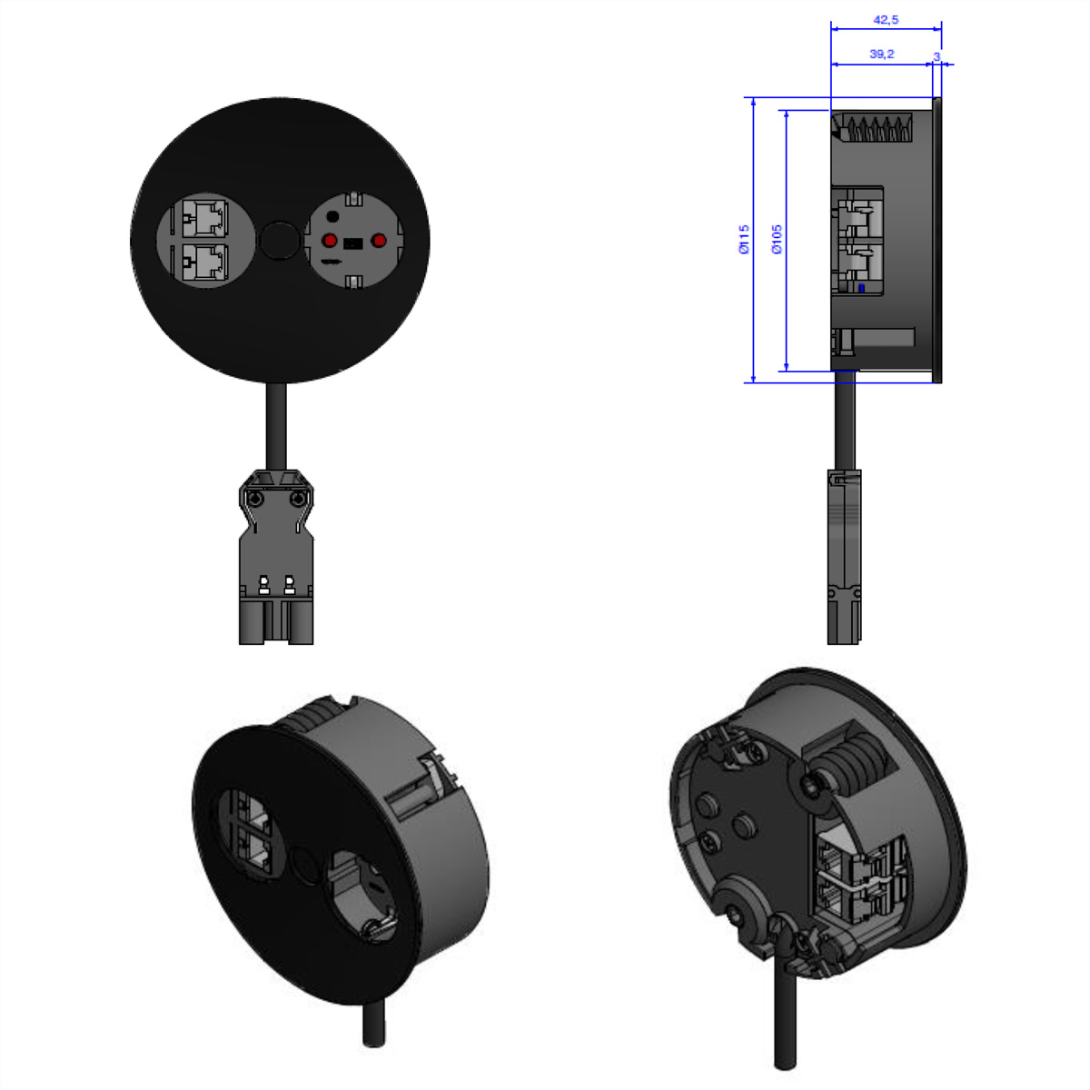 Czarne gniazdo z dwoma gniazdami, portami USB i czarnym kablem.