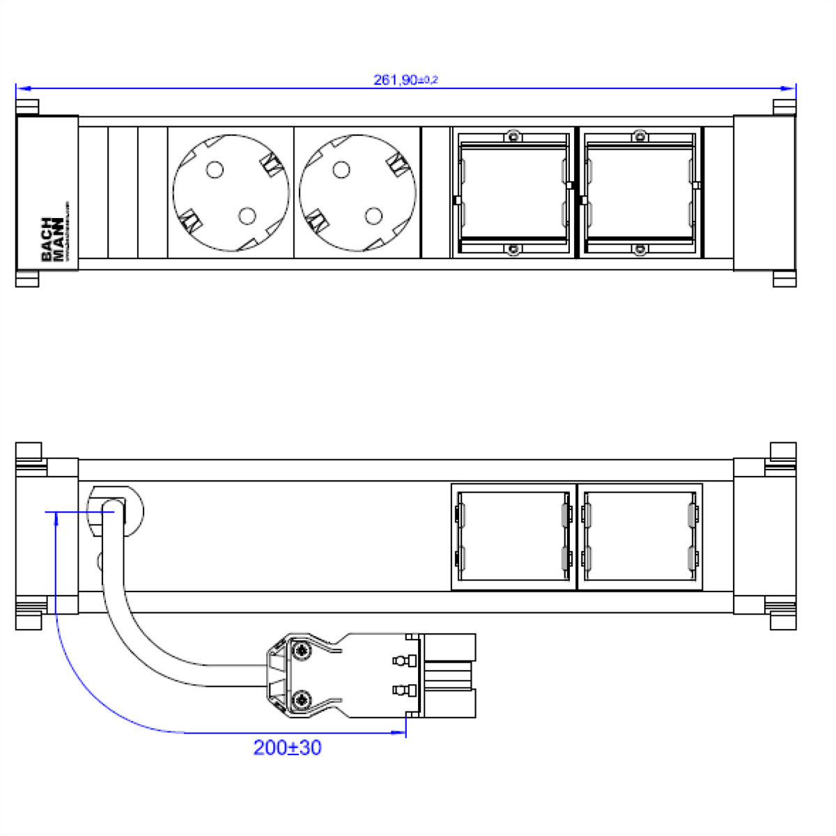 Schema di una presa multipla con dimensioni. Due prese e due porte quadrate.