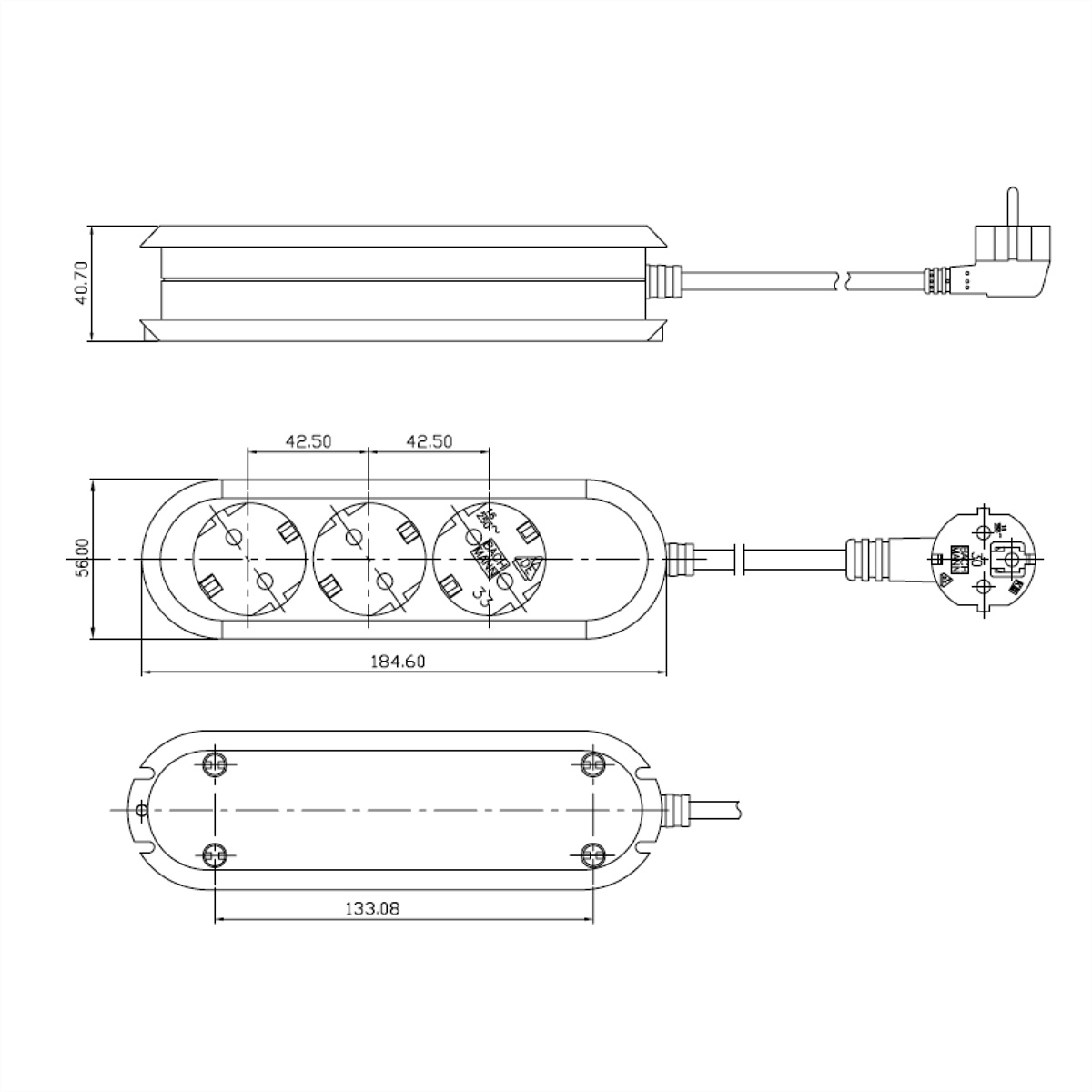 Technische tekening van een stekkerdoos met drie stopcontacten en afmetingen. Omtrekken en afmetingen in zwart getoond.