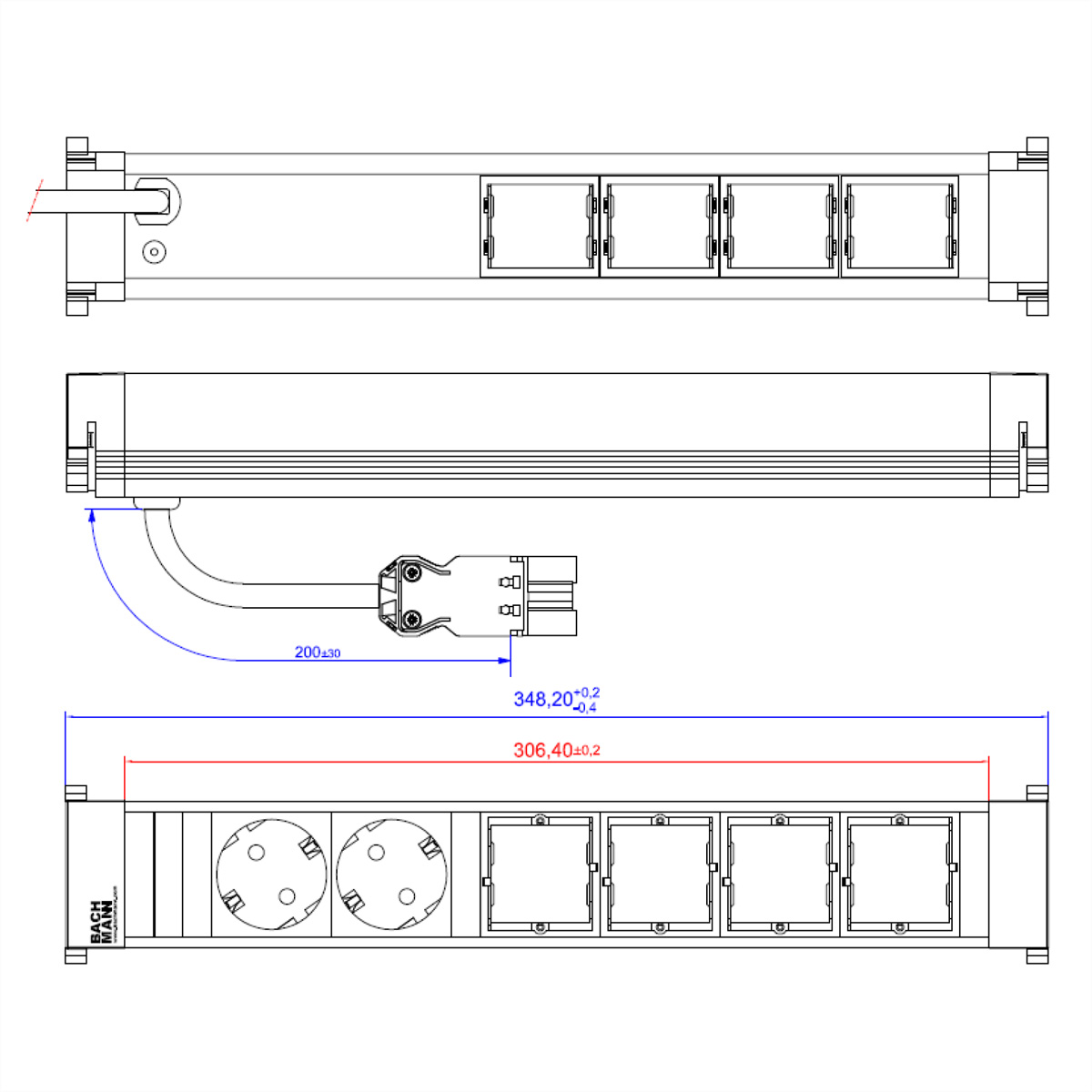 Technische tekening van een stekkerdoos, met stopcontacten, afmetingen en poorten.