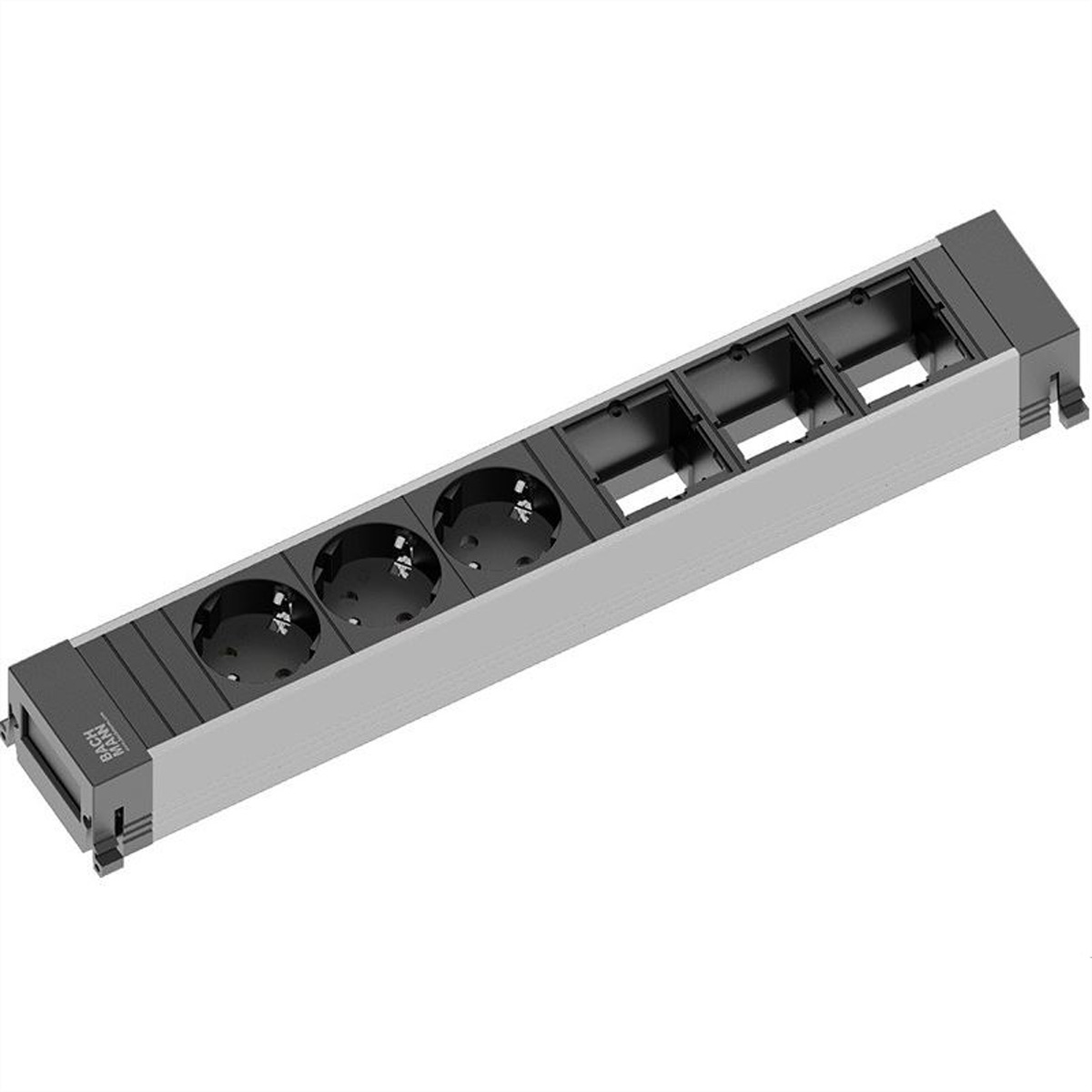 Srebrna listwa zasilająca z trzema gniazdami, każde z czarnym wnętrzem. Marka jest widoczna.