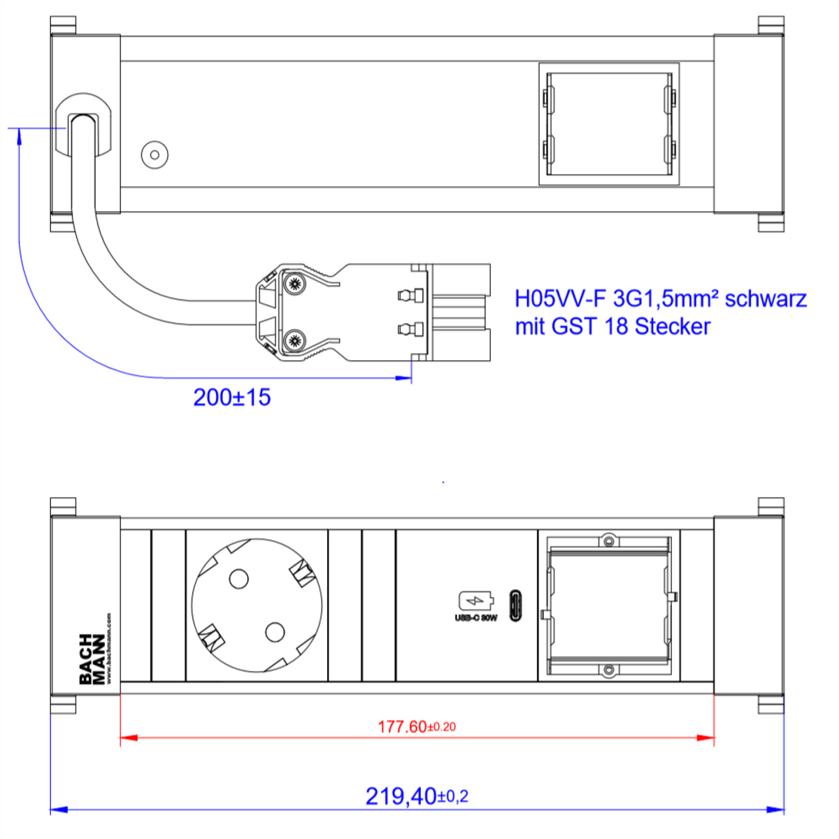 Een diagram van een stekkerdoos met afmetingen en technische details.