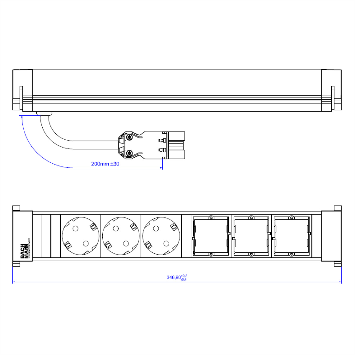 Rysunek techniczny listwy zasilającej z gniazdami i kablem. Białe tło.