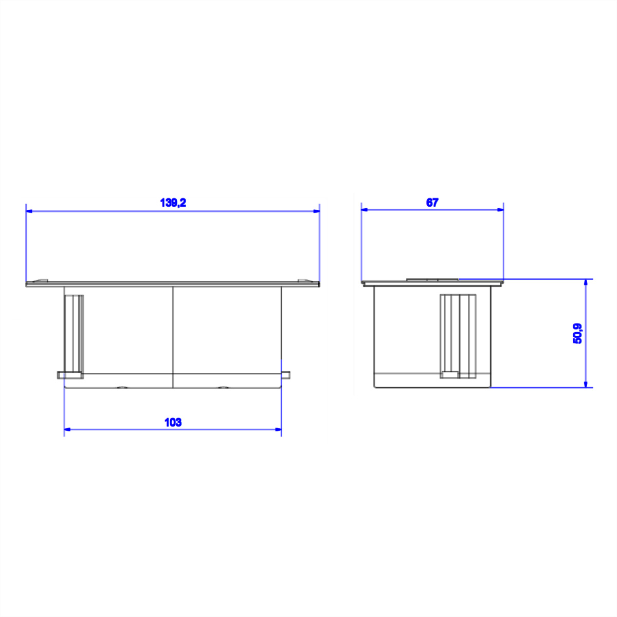 Disegno tecnico di un componente elettrico con misure e dimensioni.
