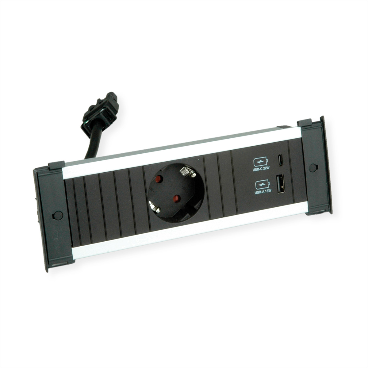Steckdosenleiste mit Steckdose und USB-Anschlüssen. Es hat ein schwarz-silbernes Design.