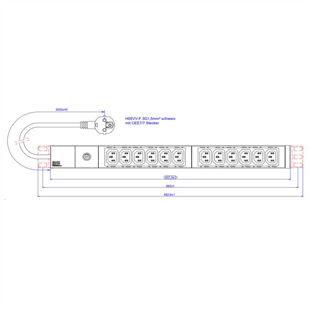 Diagram van een stekkerdoos met afmetingen en Duitse tekstlabels.