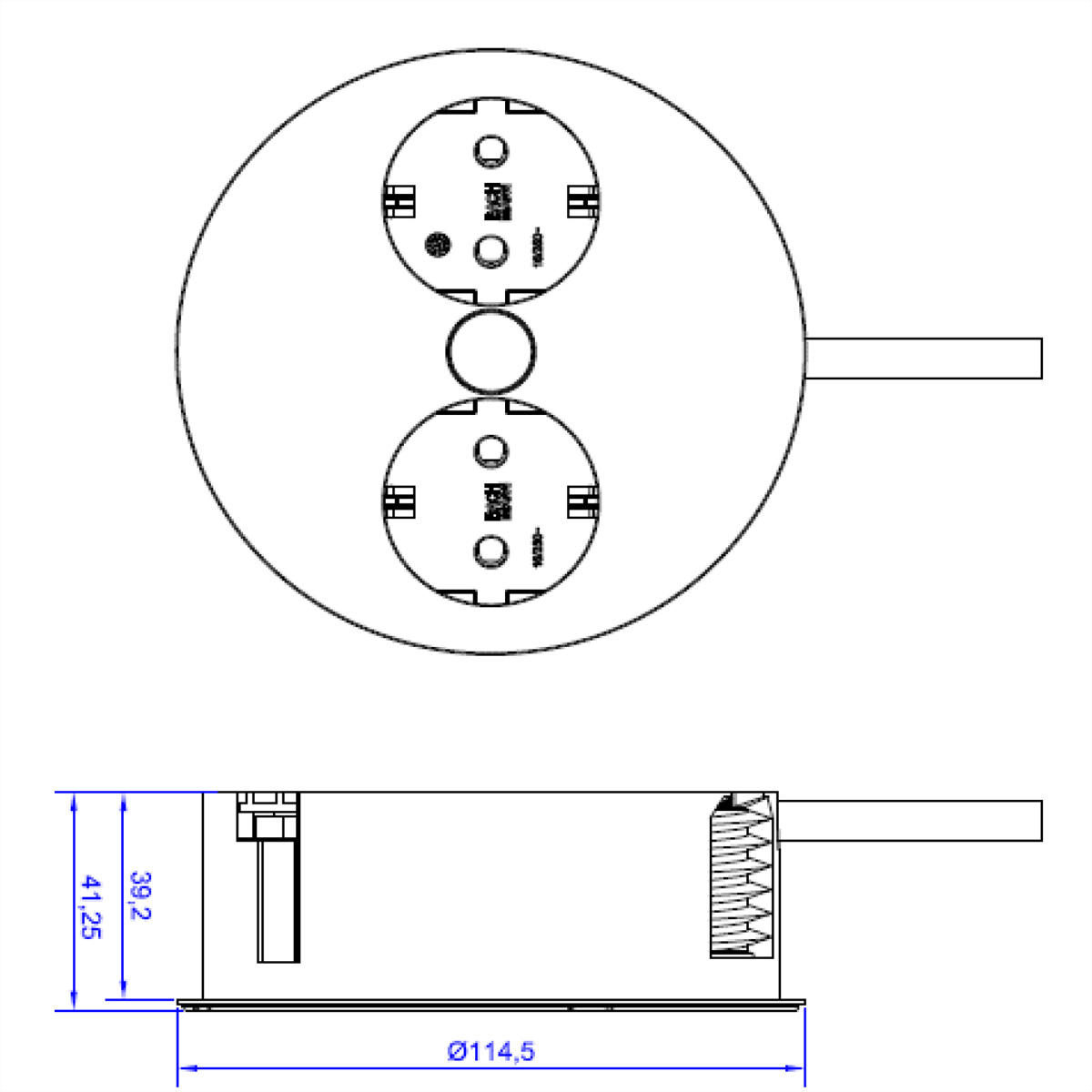 Technische tekening van een stekkerdoos met twee stopcontacten. Circulair ontwerp met afmetingen.