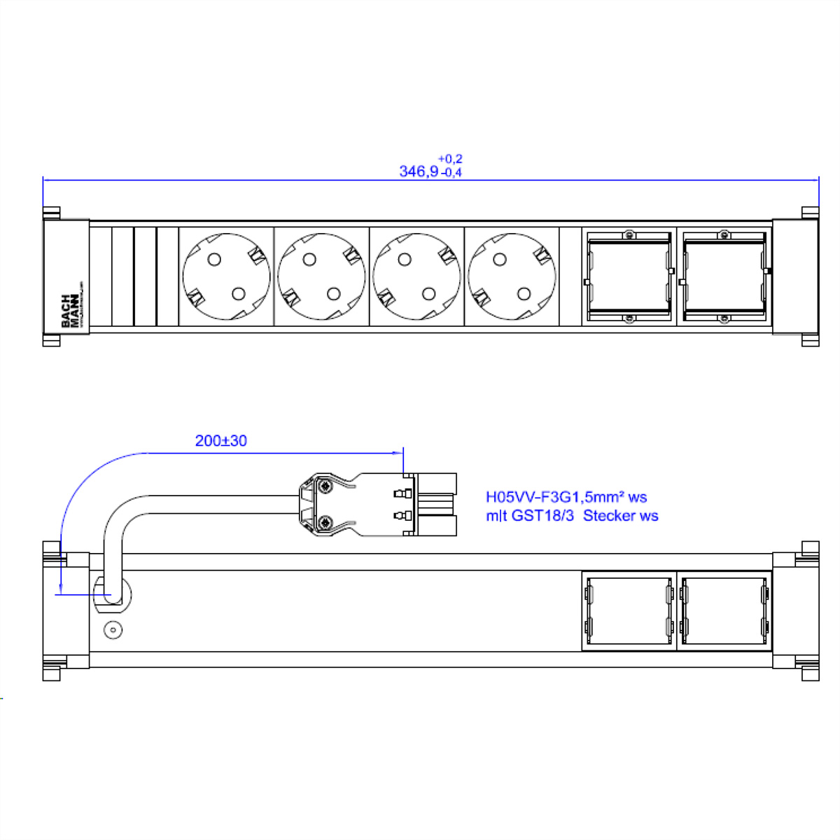 Technische tekening van een witte stekkerdoos met afmetingen.