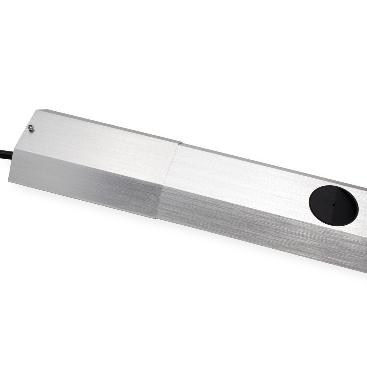 Een zilverkleurig, langwerpig elektrisch component met een zwart cirkelvormig deel.