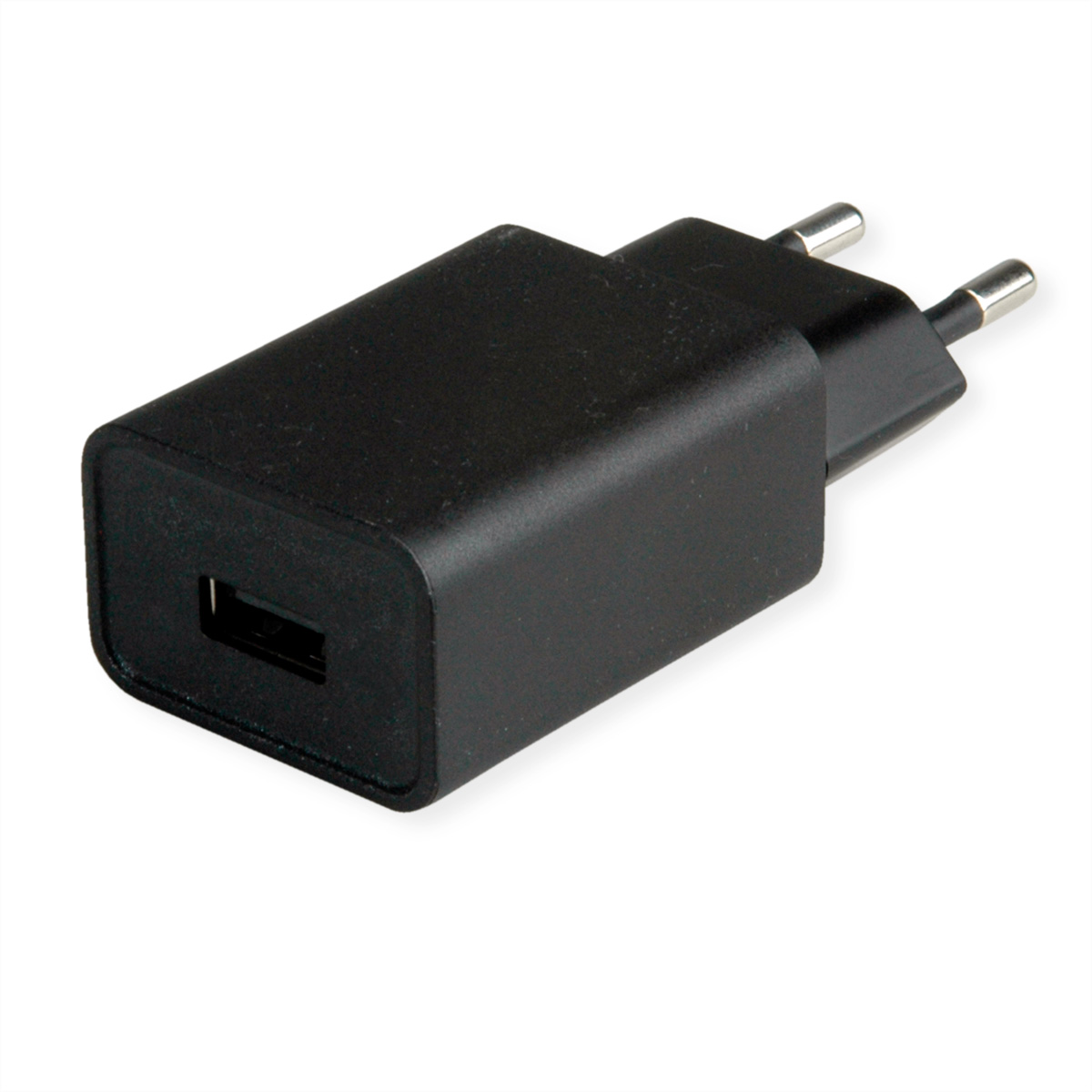 Un adaptateur de chargeur USB noir avec un port USB, sur fond blanc.