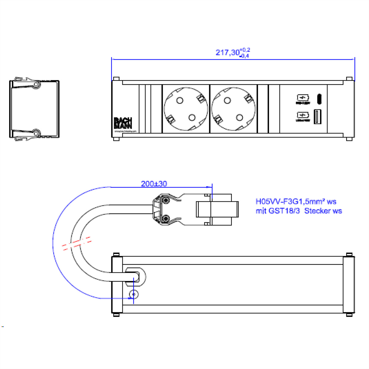 Technische tekening met maten en specificaties. Toont de bovenaanzicht en zijaanzicht van een product.