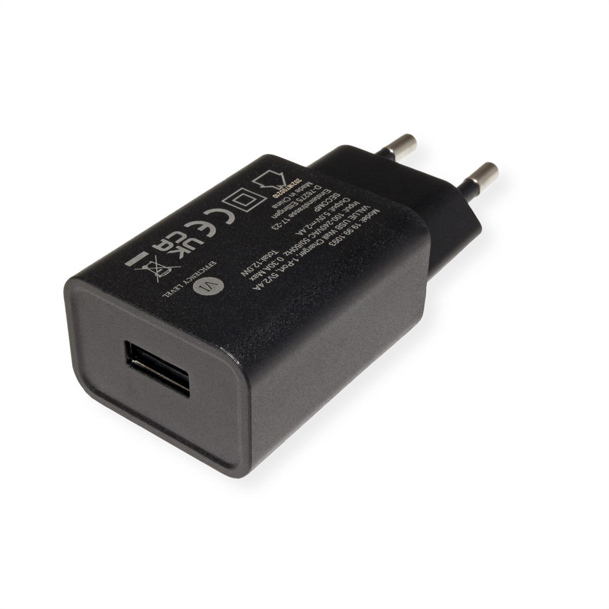 Chargeur USB noir avec un port USB. Fond blanc.
