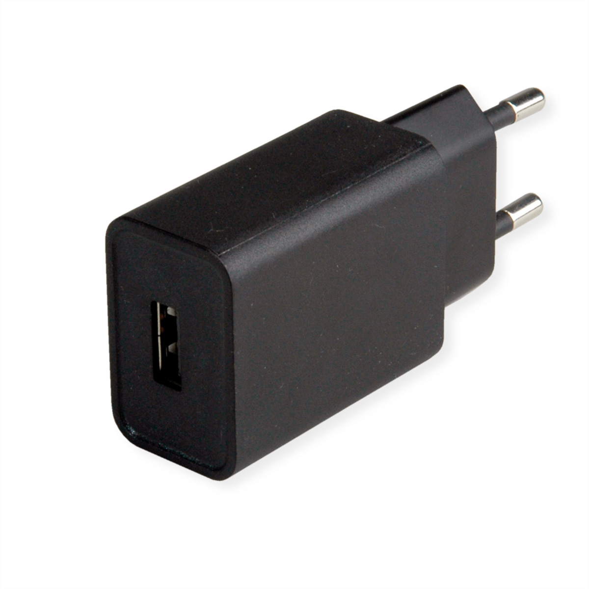 Petit chargeur USB noir avec un port USB et deux broches pour prise murale.